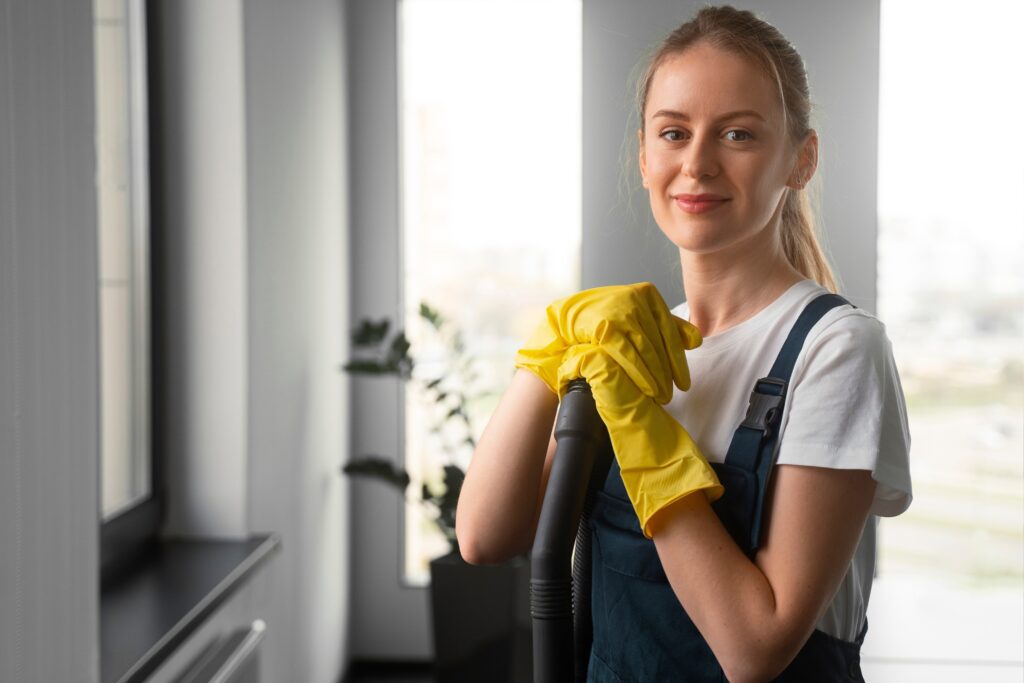 A woman wearing yellow rubber gloves and a dark apron smiles at the camera whilst holding a mop handle, showcasing her home cleaning routine in a bright, modern room with large windows and plants.