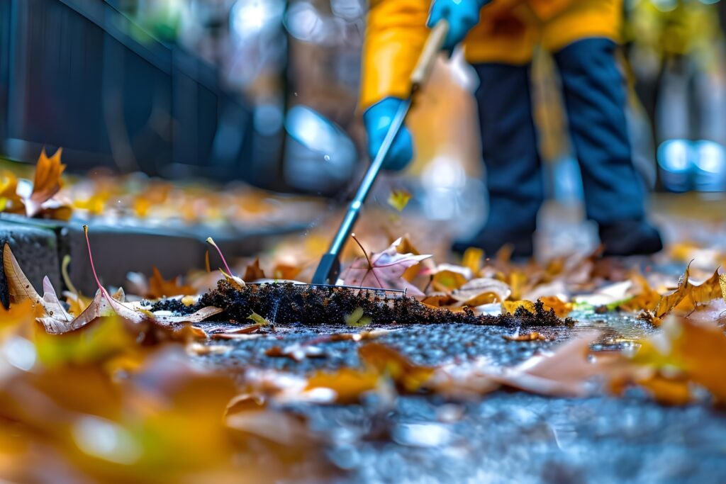 A person wearing blue gloves and a yellow jacket rakes autumn leaves and soil on a pavement, with scattered leaves hinting at seasonal home cleaning, as trees and a fence blur into the background.