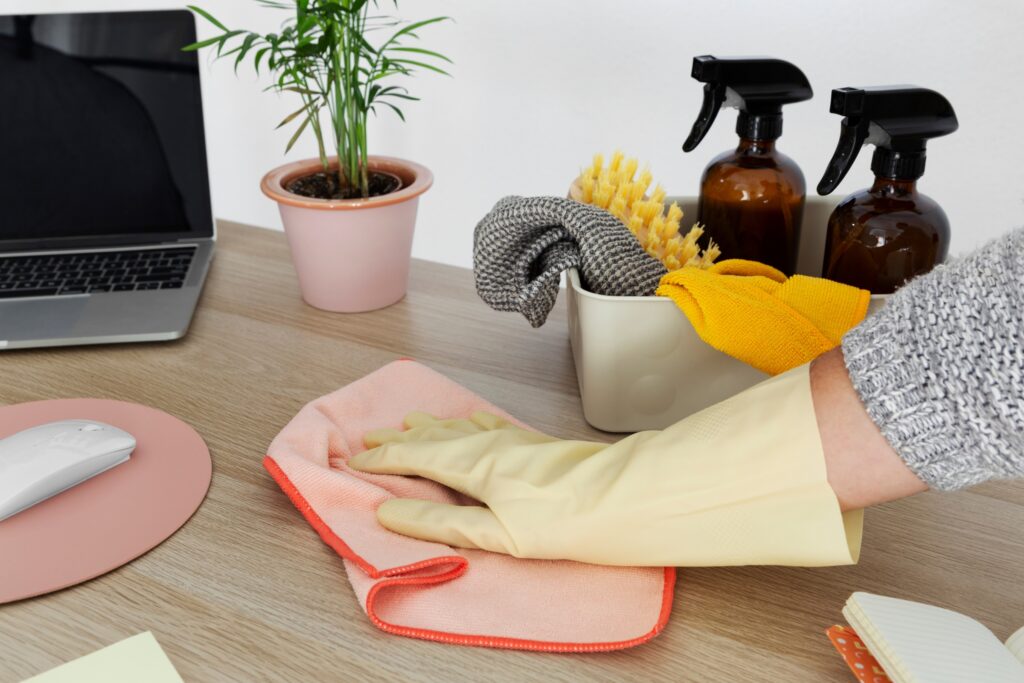 A person wearing yellow rubber gloves wipes a wooden desk with a pink cloth to reduce dust. Cleaning supplies like spray bottles, brushes, and cloths are in a container nearby, next to a laptop, mouse, and small potted plant.