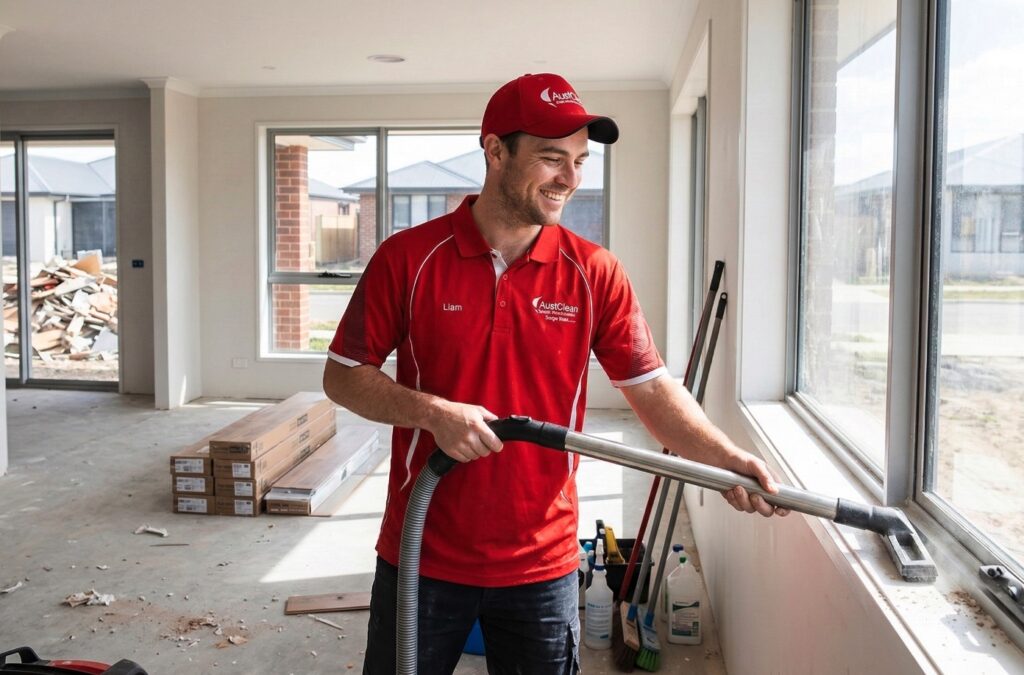 Construction site cleaning professional vacuuming dust inside a newly built home after building work