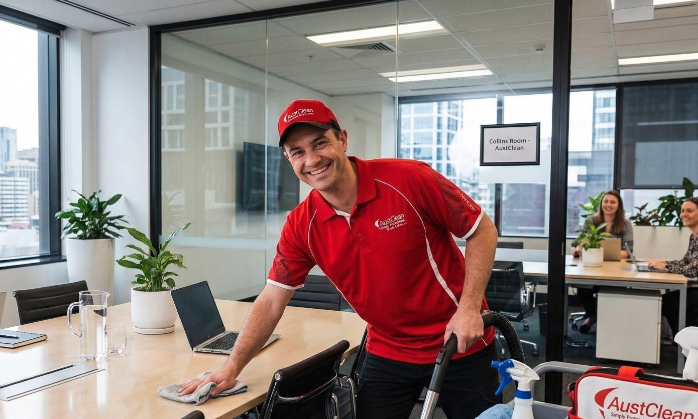 Professional office cleaner vacuuming and sanitising desks in a modern office workspace