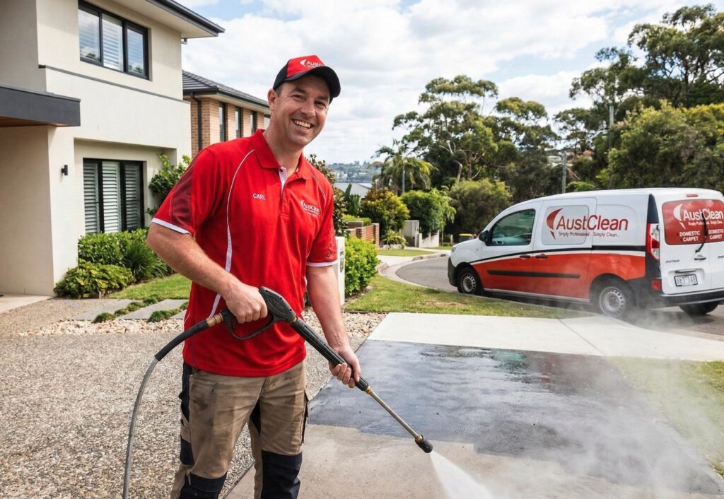 AustClean technician pressure cleaning a residential driveway with high pressure washer in Australia