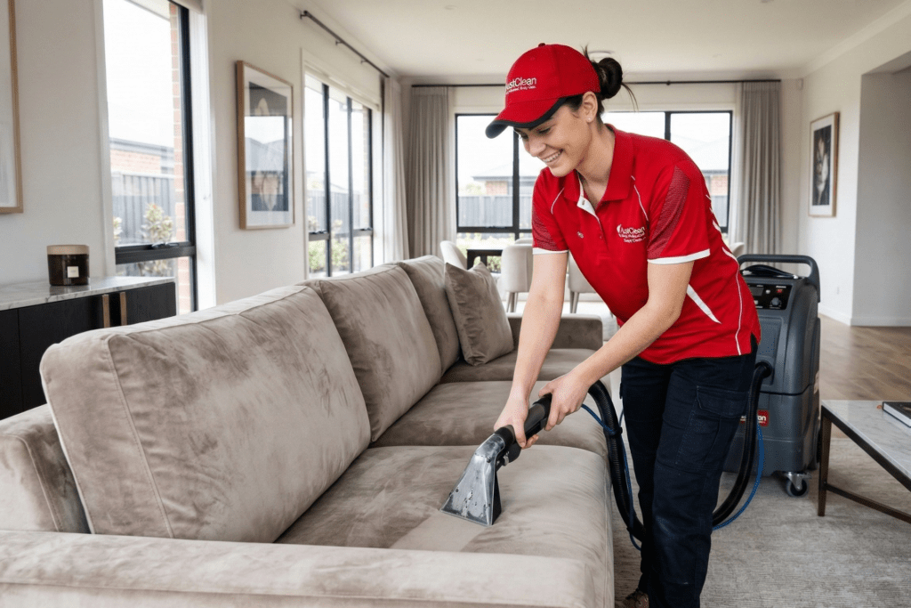 Professional upholstery cleaning technician steam cleaning a sofa using extraction equipment
