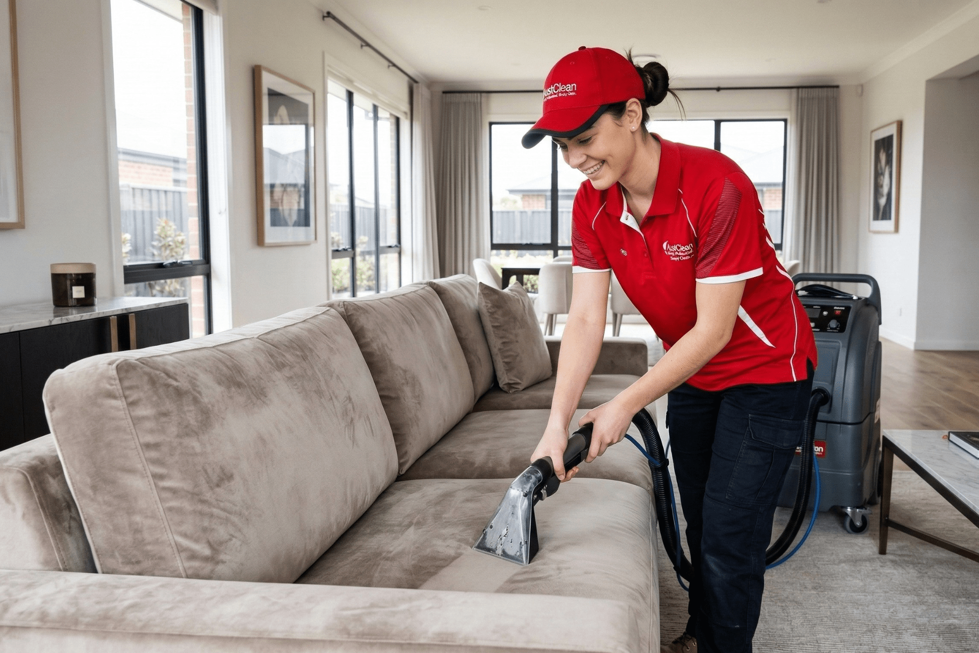 Professional upholstery cleaning technician steam cleaning a sofa using extraction equipment