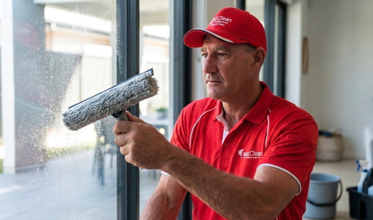 Professional cleaner washing glass window during bond cleaning service for end of lease property