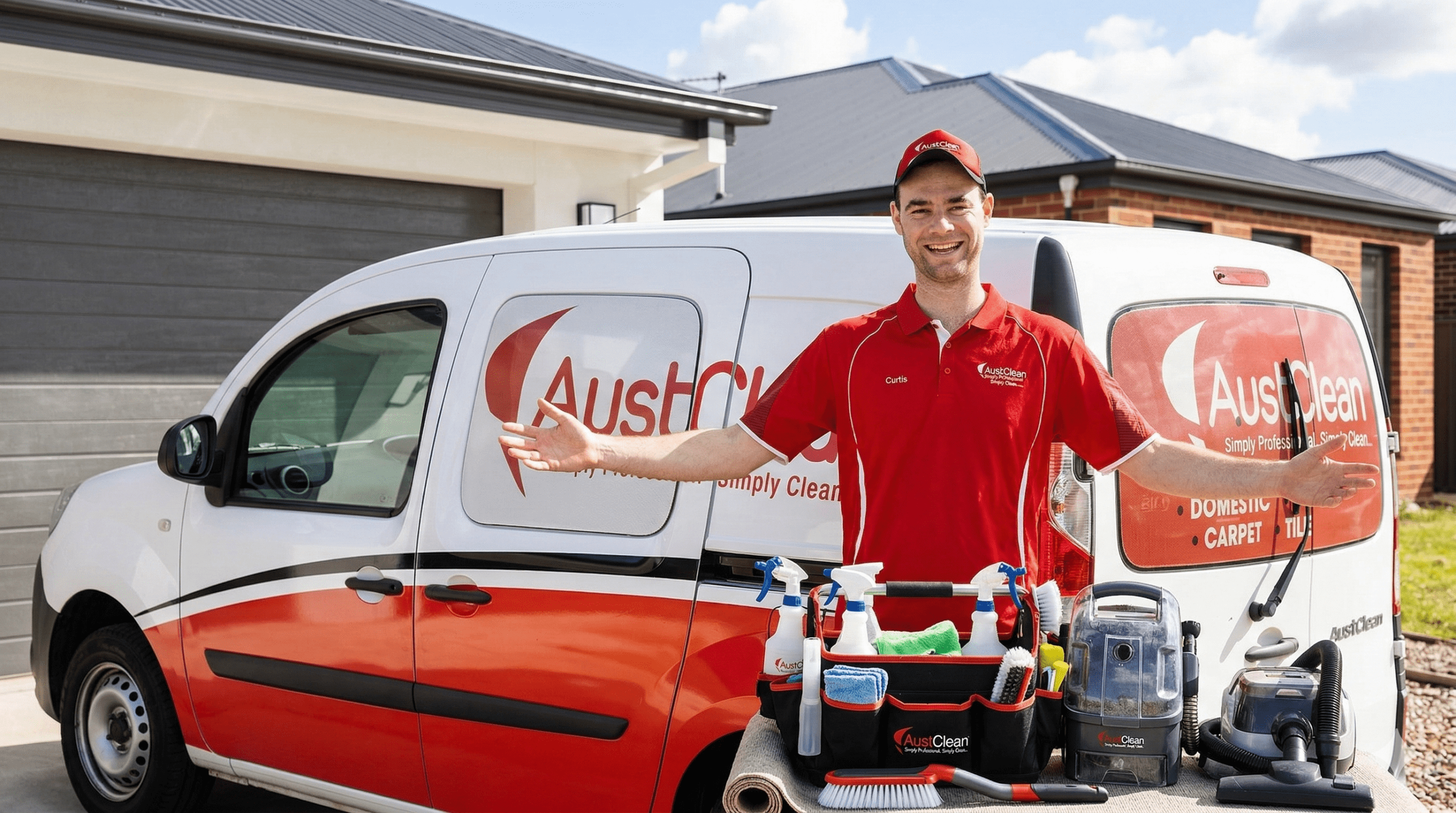 Professional AustClean cleaner with service van and cleaning equipment outside a residential home