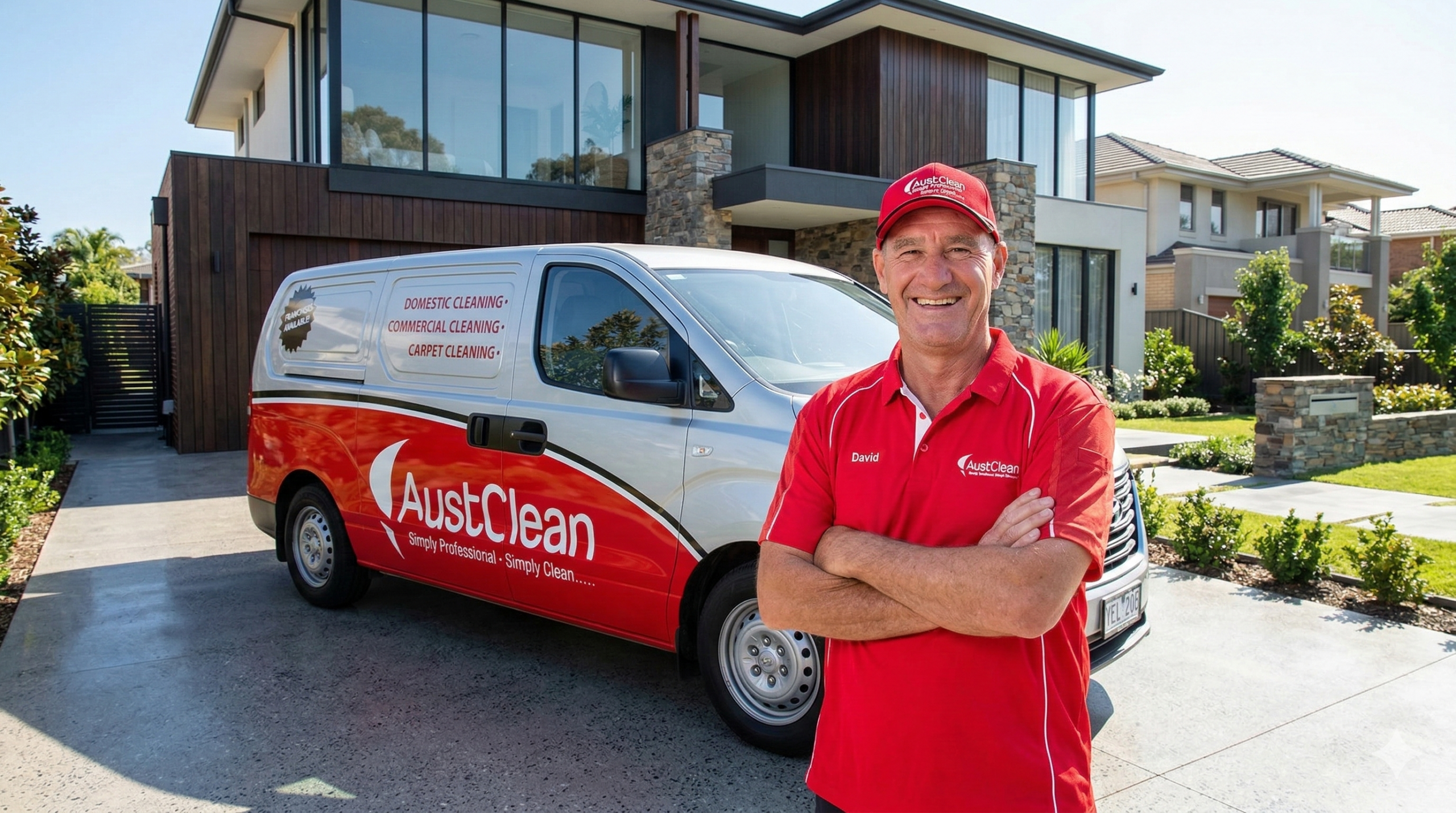 AustClean professional cleaner with service van providing Hervey Bay cleaning services outside a residential home