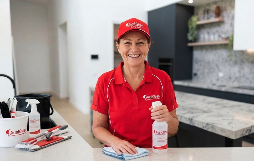 AustClean professional house cleaner with cleaning supplies in modern kitchen in Hervey Bay