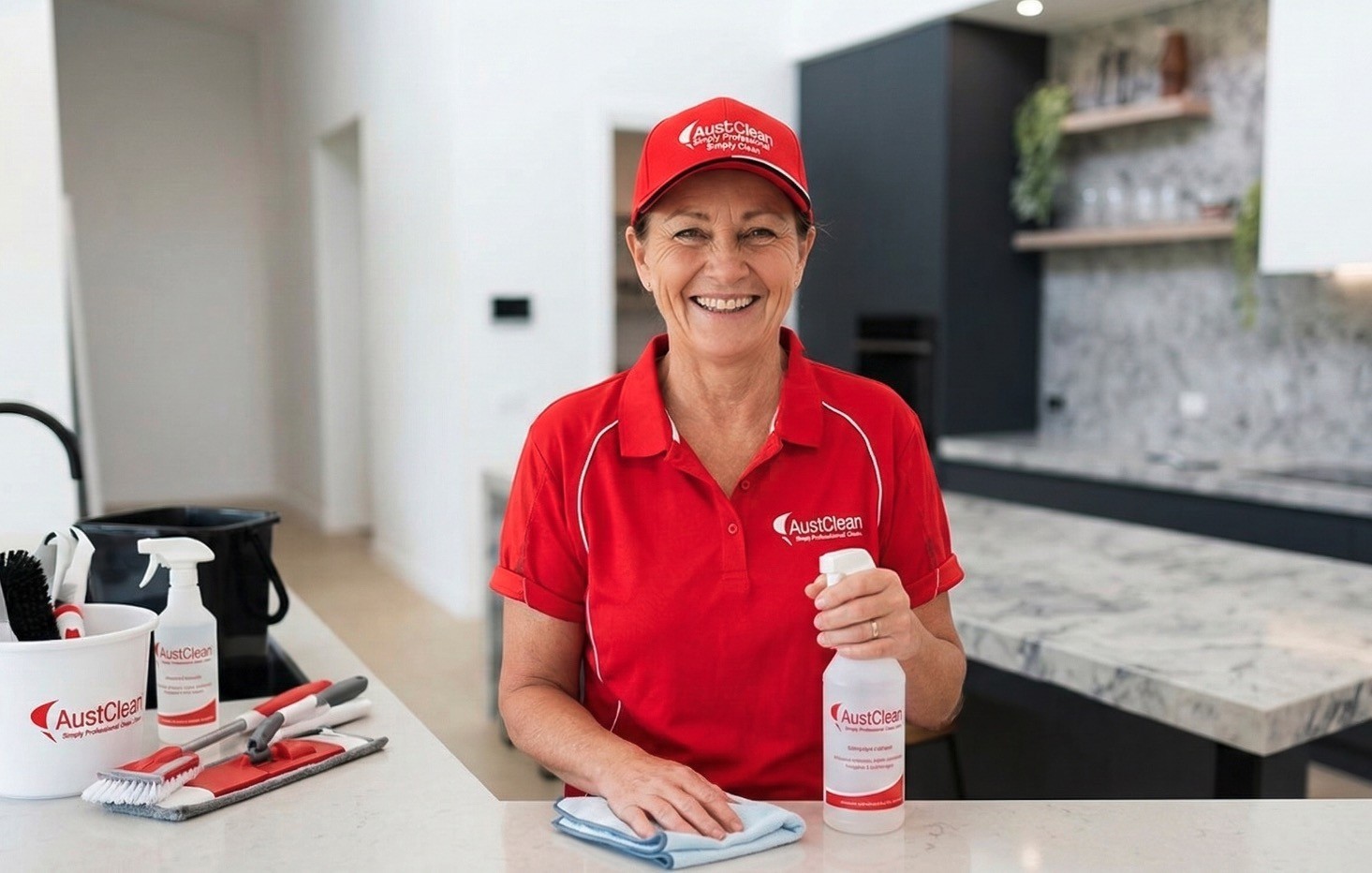 AustClean professional house cleaner with cleaning supplies in modern kitchen in Hervey Bay