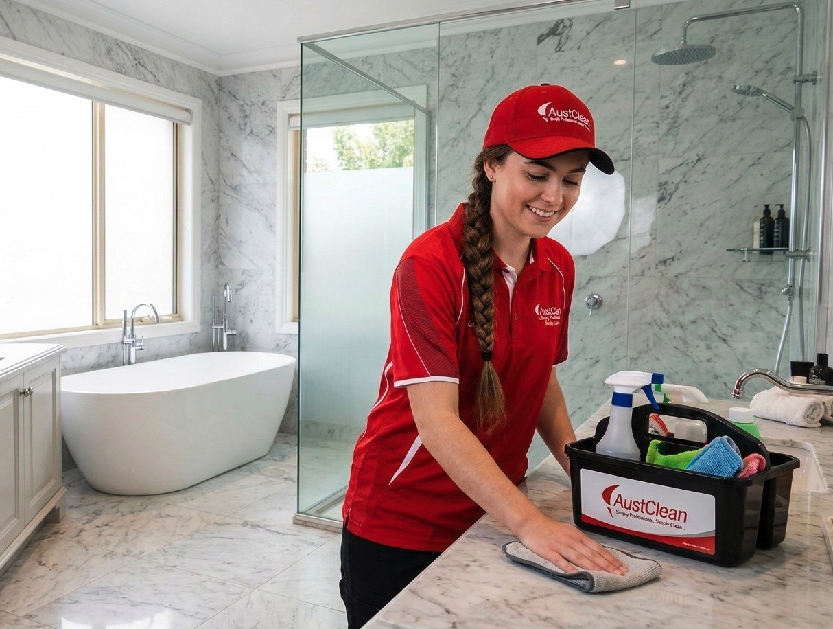 Professional house cleaner wiping bathroom vanity in a modern home during residential cleaning service