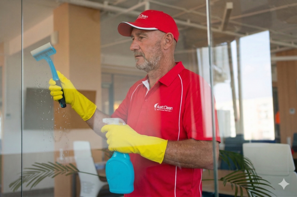 Professional cleaner washing glass windows during bond cleaning service in Hervey Bay