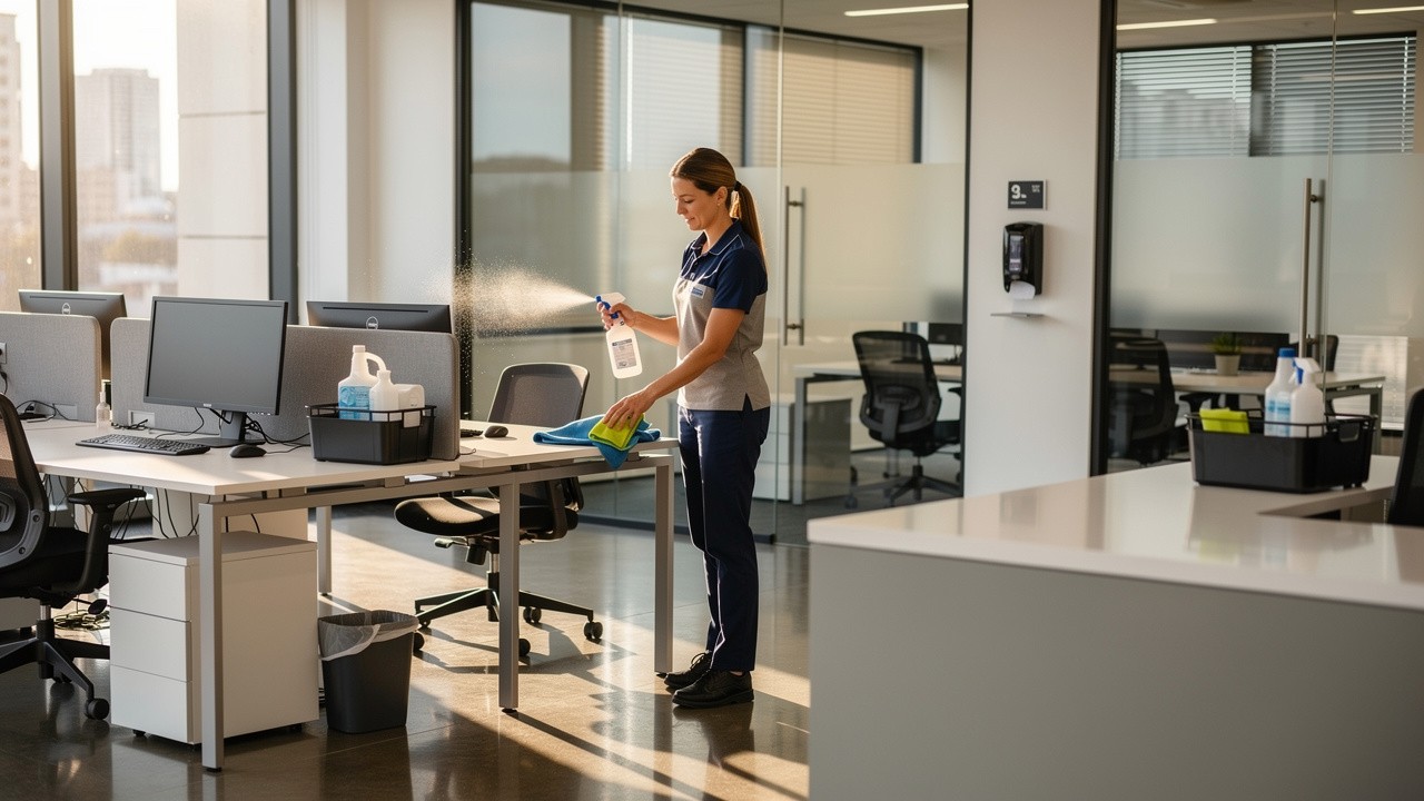 Office Cleaning Checklist for Busy Australian Workplaces 2 Professional cleaner sanitising modern Australian commercial office workspace