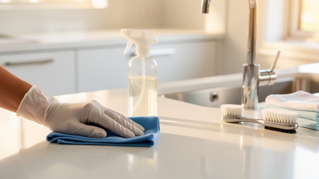 Professional cleaning service wiping a modern kitchen benchtop