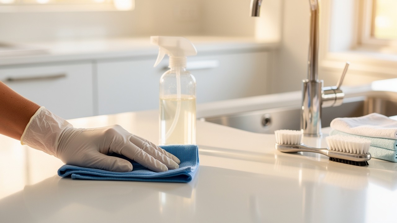 Professional cleaning service wiping a modern kitchen benchtop