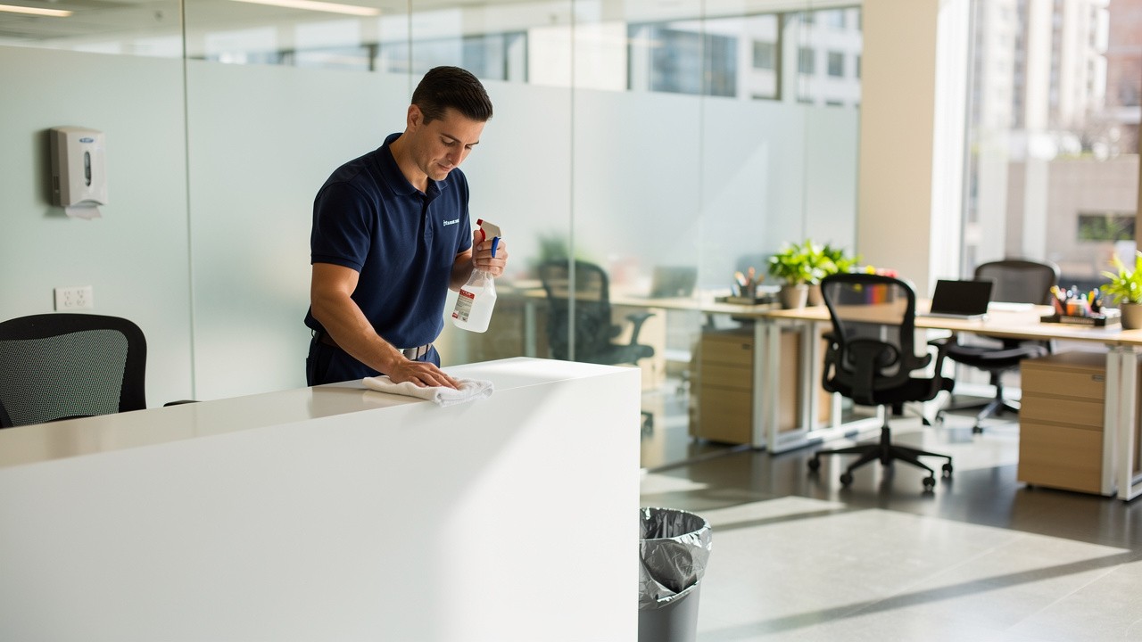 Office Cleaning Checklist for Busy Australian Workplaces 1 Professional cleaner sanitising surfaces in modern Australian office