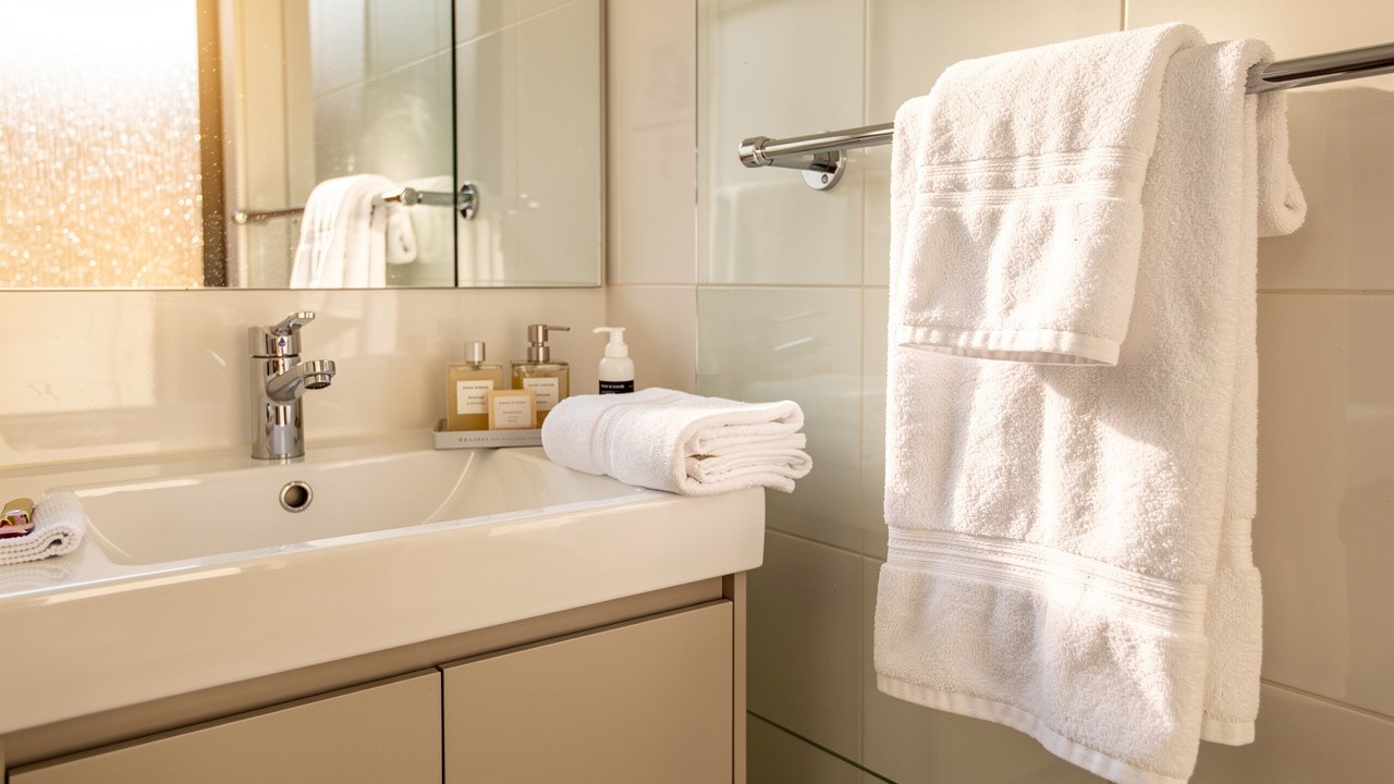 Sparkling clean holiday rental bathroom with guest amenities