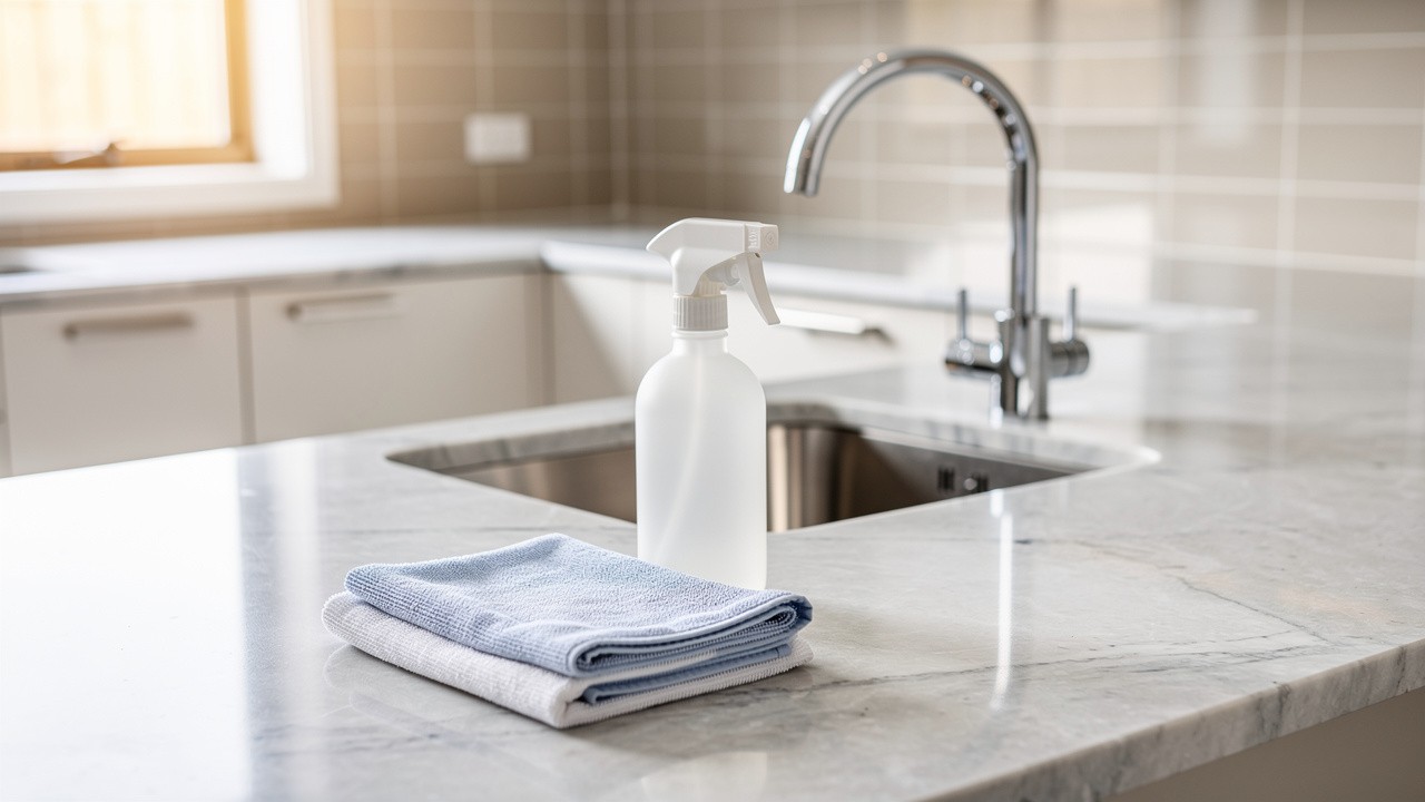 Spotless modern kitchen benchtop with sparkling tapware and sink
