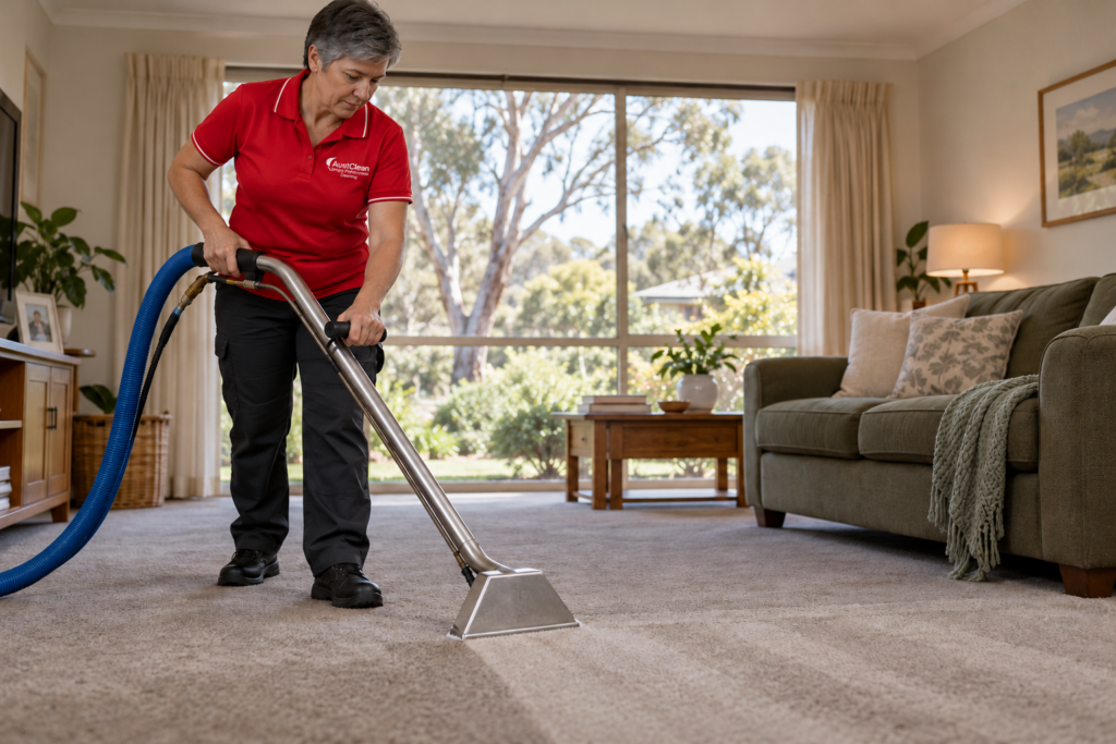 AustClean technician using a carpet extraction wand in a sunlit family living room.