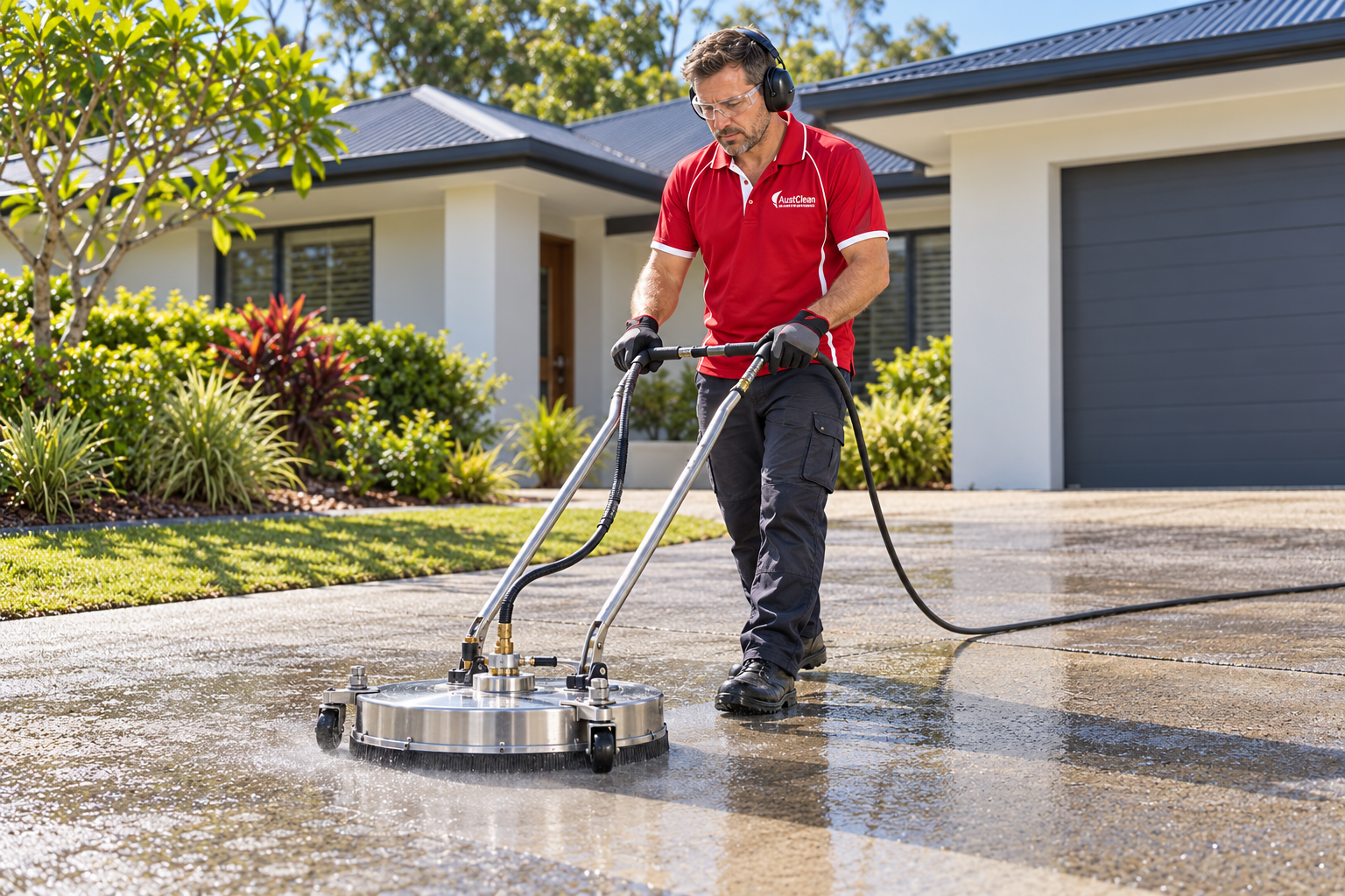AustClean operator wearing eye and hearing protection uses a rotary surface cleaner on a concrete driveway.
