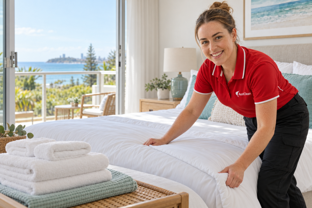 Holiday Rental Changeovers in Mooloolaba: A Same-Day Turnaround Guide for Hosts 3 AustClean cleaner making a fresh white bed beside folded towels in a bright coastal holiday bedroom.
