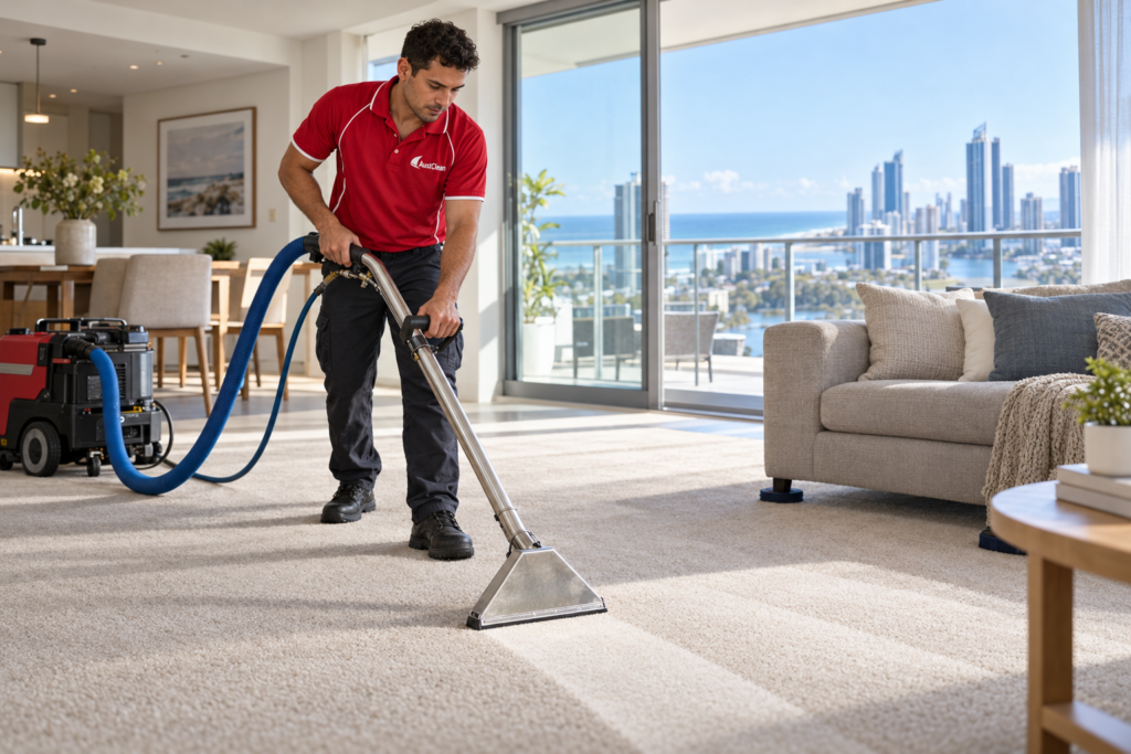 AustClean technician using a professional carpet extraction wand in an apartment with coastal views.