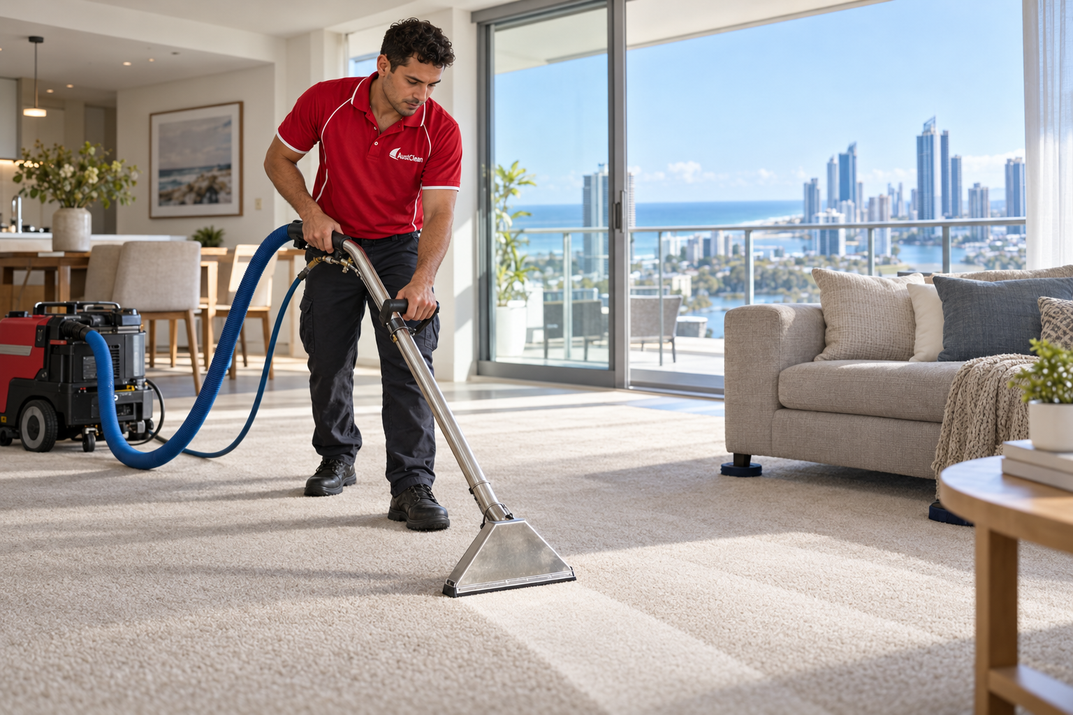 AustClean technician using a professional carpet extraction wand in an apartment with coastal views.