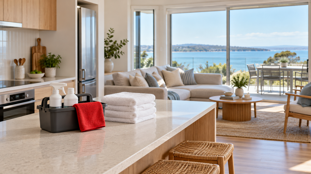 Bright holiday rental living room with large windows and coastal view